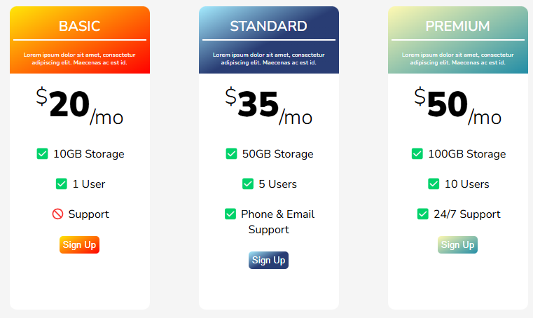 Pricing Table Project